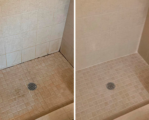 Shower Floor and Walls Before and After a Tile Cleaning in Flatbush