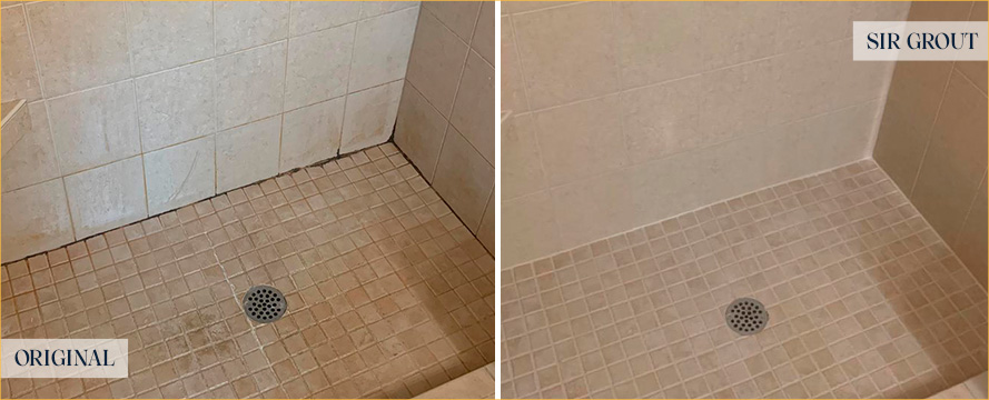 Shower Floor and Walls Before and After a Tile Cleaning in Flatbush