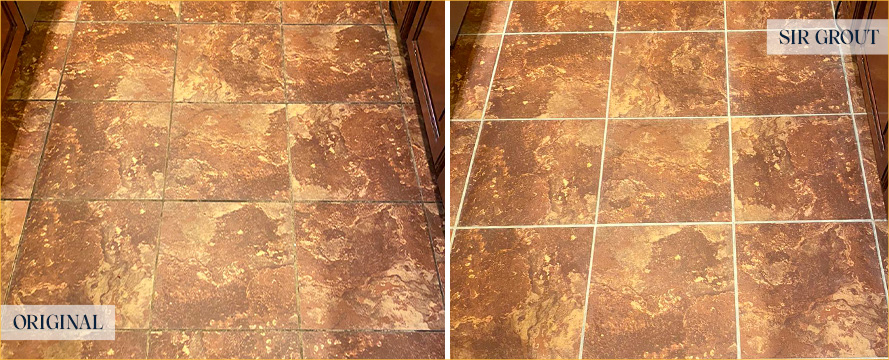 Kitchen Floor Before and After a Grout Cleaning in Prospect Heights