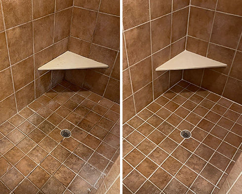 Shower Floor and Walls Before and After a Grout Cleaning in Williamsburg