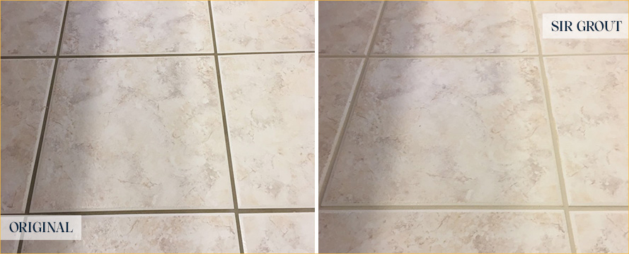 Close-Up of Tile Floor Before and After a Grout Sealing in Williamsburg